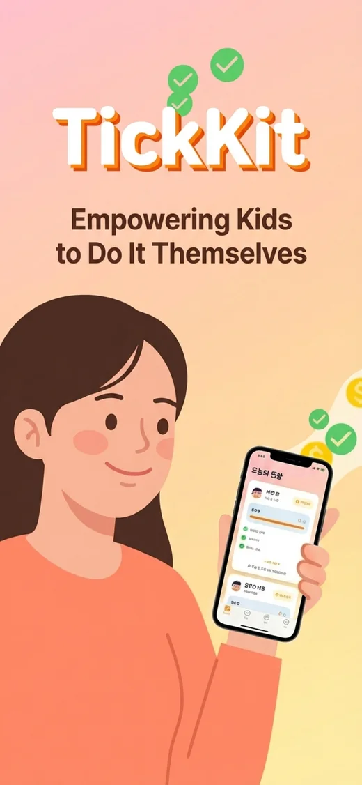 TickKit logo and slogan with a parent checking the family chore dashboard