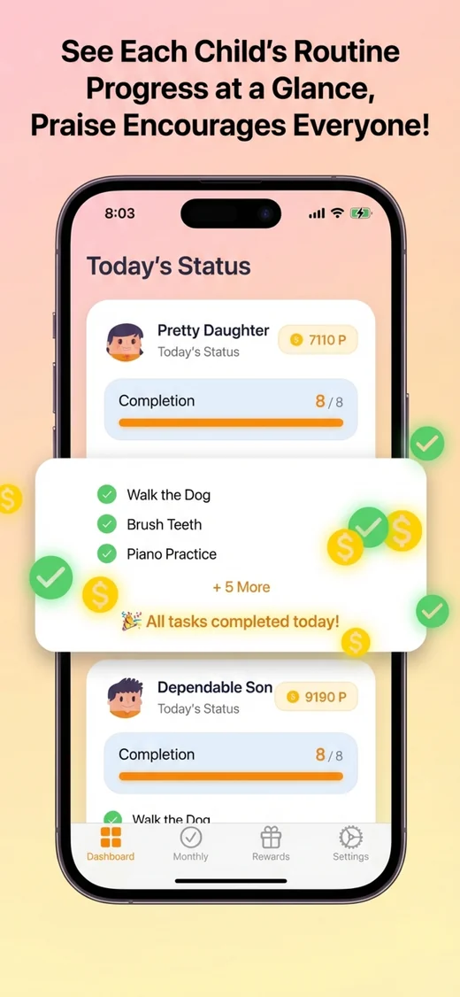 Parent dashboard with each kid's completion rate, 8 of 8 done, and coin balance