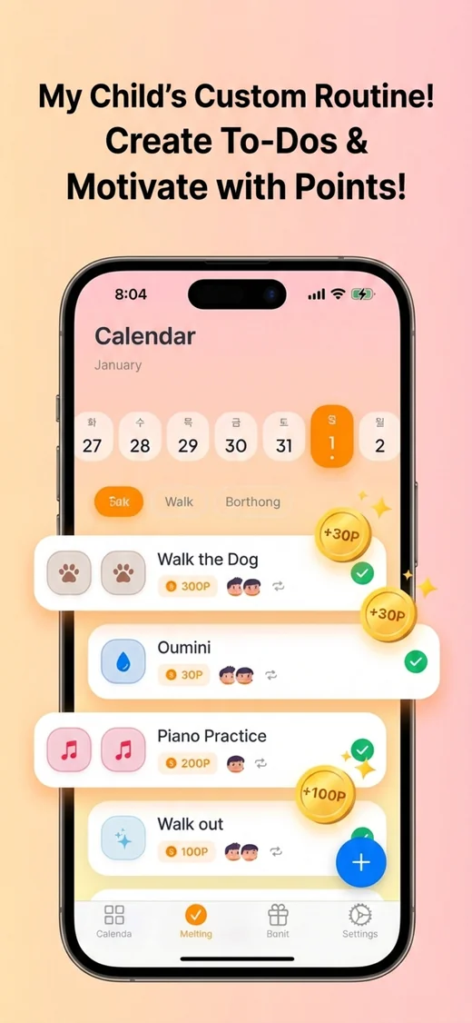 Weekly task calendar with per-task points, like 300 points for walking the dog