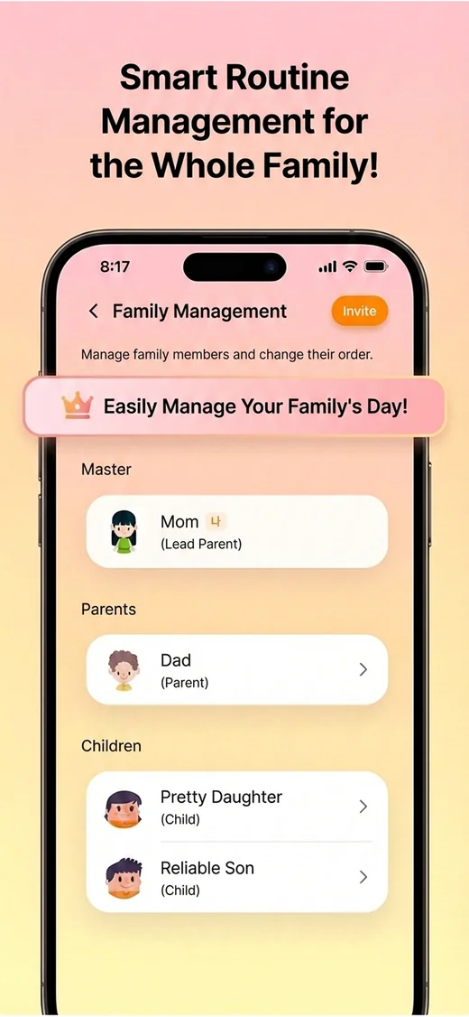 Family settings with two parents, several children, and an invite option