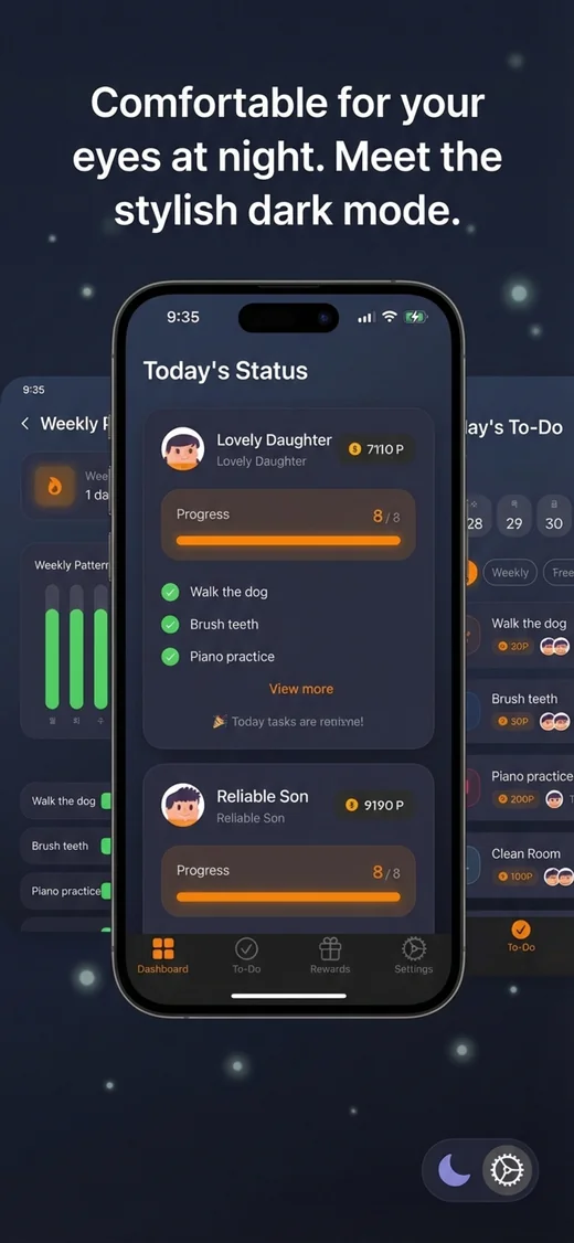 The TickKit dashboard in dark mode showing each child's progress and coins