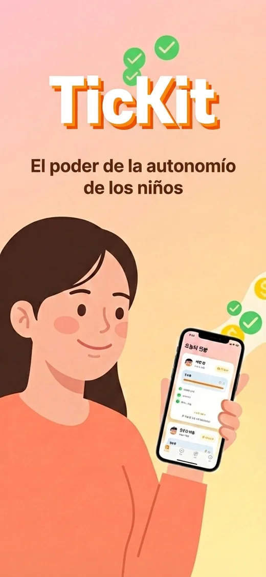 Portada de TickKit: logo, eslogan y panel familiar de tareas y recompensas