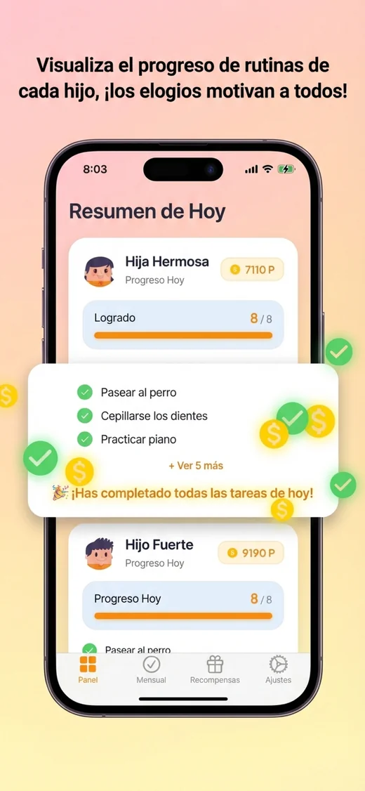 Panel de hoy para padres: logro 8 de 8 por hijo, saldo y celebración final