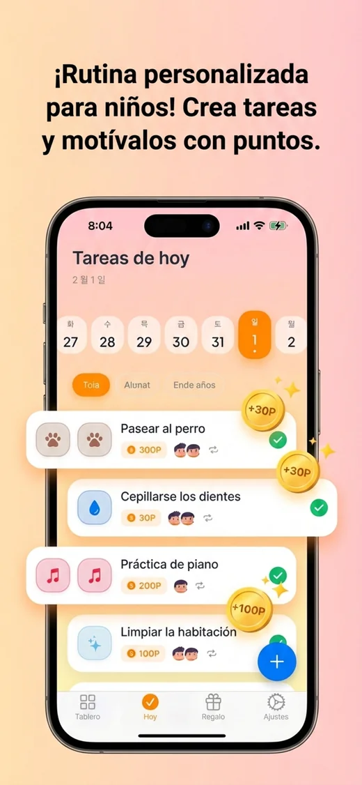 Tareas de hoy con calendario semanal y puntos: pasear al perro suma 300 puntos