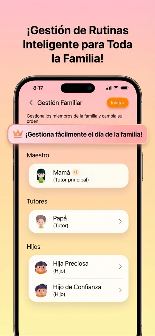 Gestión familiar: dos padres y varios hijos conectados mediante invitación