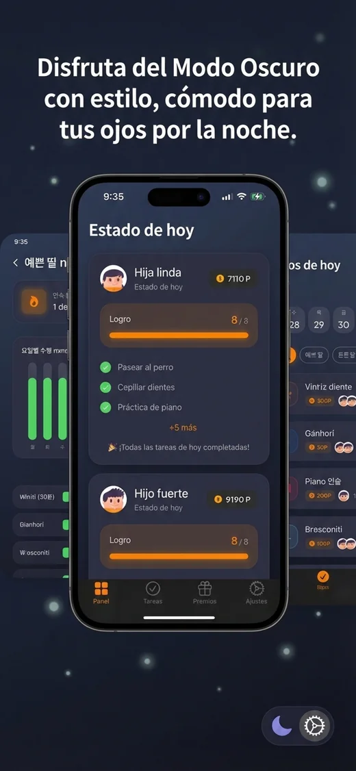 Panel de TickKit en modo oscuro con las tareas y monedas del día