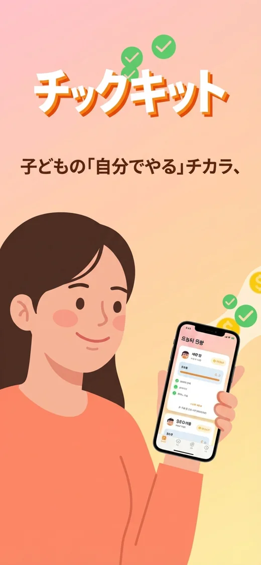 TickKitのロゴとスローガン。保護者がダッシュボードで子どもの今日の達成状況を見守るイラストの表紙