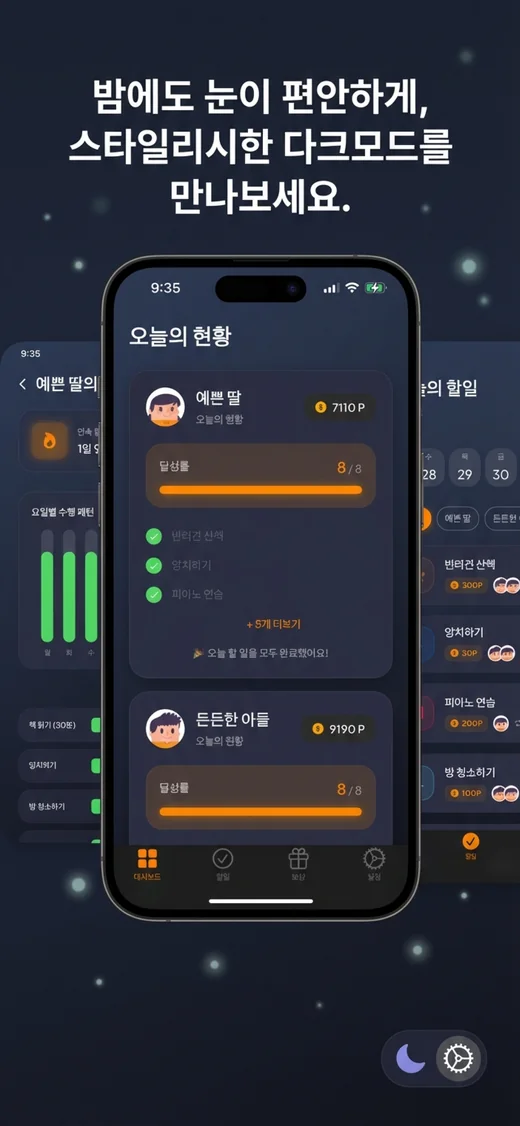 다크모드로 전환된 틱킷 대시보드 — 어두운 배경에서도 자녀별 달성률과 포인트가 선명하게 보이는 화면